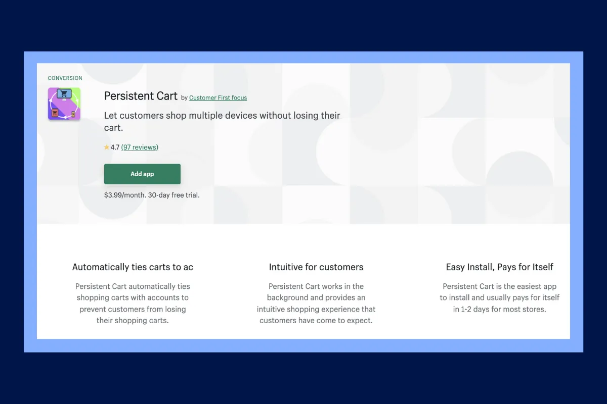 Persistent Cart Shopify App