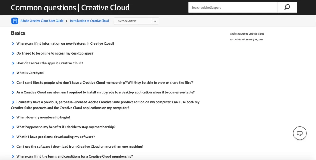 FAQ page on Adobe’s website