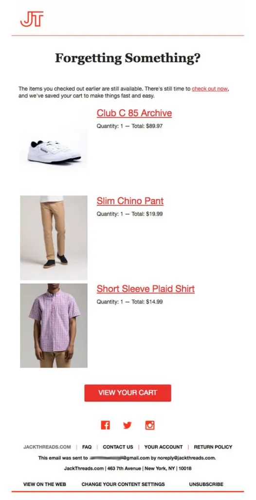 Jack Threads Cart Abandonment Email