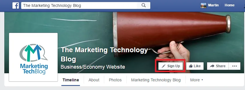 Marketing tech blog facebook page sign up button