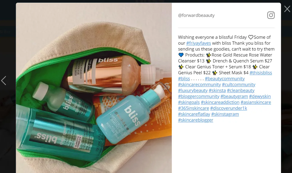 Bliss adds Instagram posts of their users on their webpages
