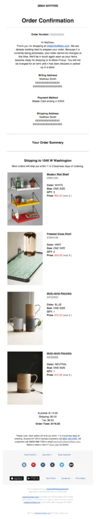 Urban Outfitters Confirmation Email