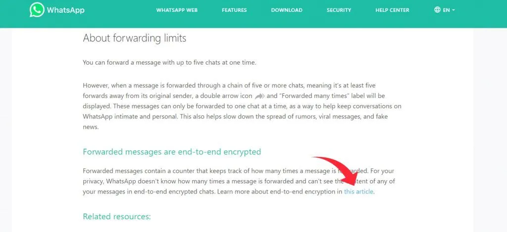 Relevant links to other pages on WhatsApp FAQ page