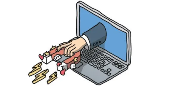 Boost your Shopify dropshipping success rate. Build an email list for customer retention - A hand reaches through a laptop monitor with a magnet attracting likes and attention.