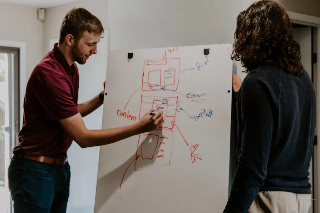 Man and women holding a discussion with a whiteboard
