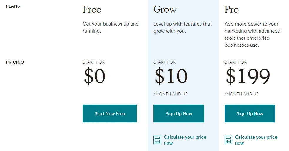 mailchimp 2018 pricing page