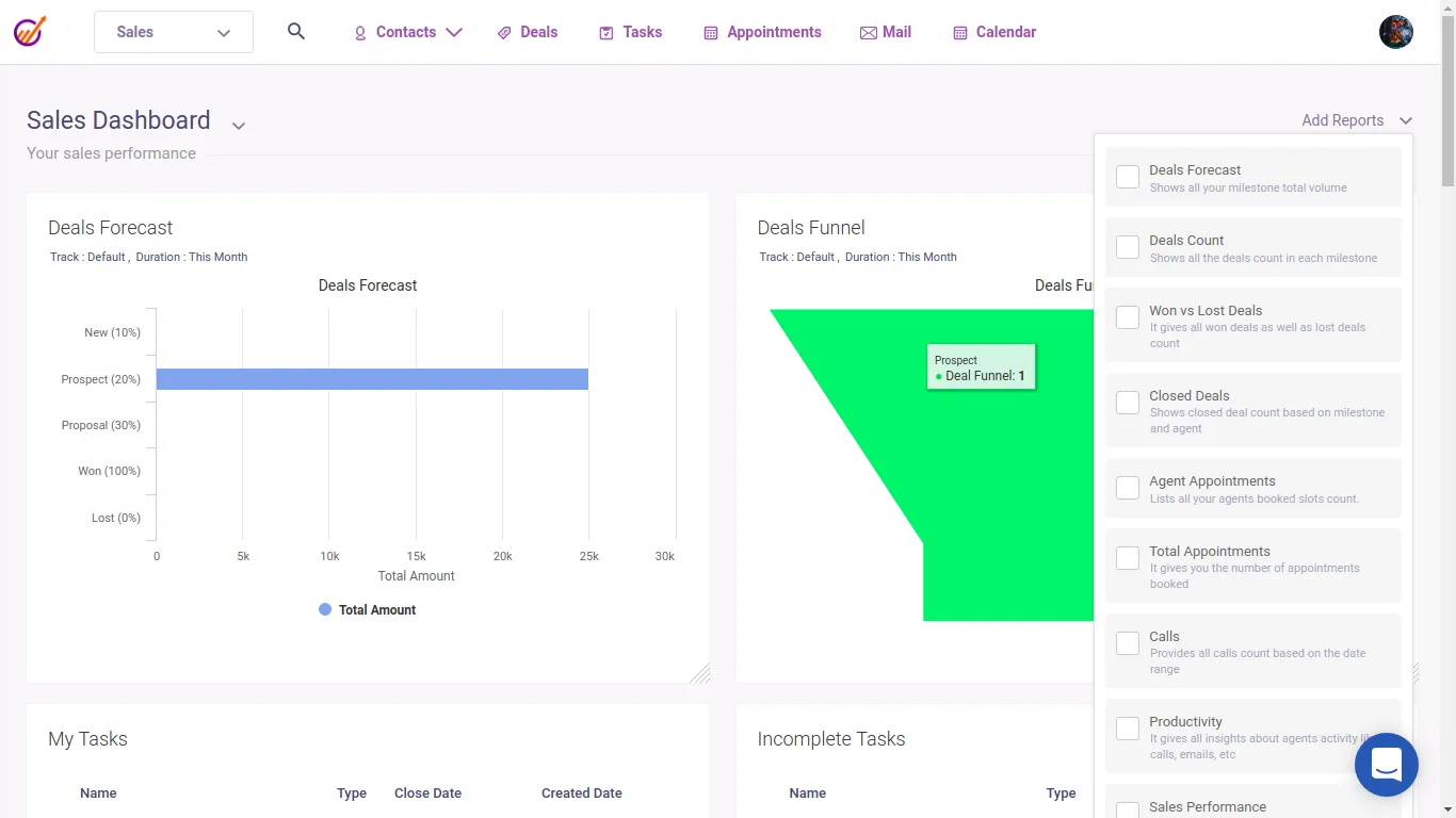 EngageBay sales dashboard screenshot