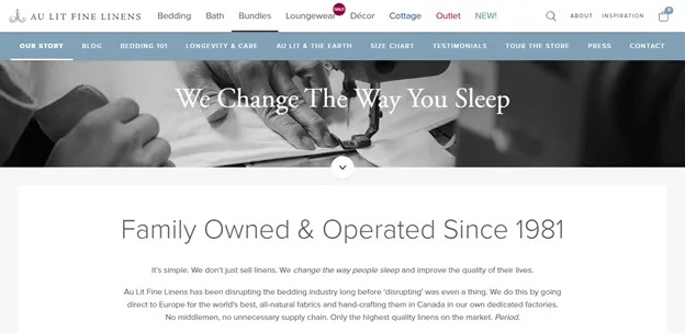 Our Story page of Au Lit Linens shows they are family operated since 1981