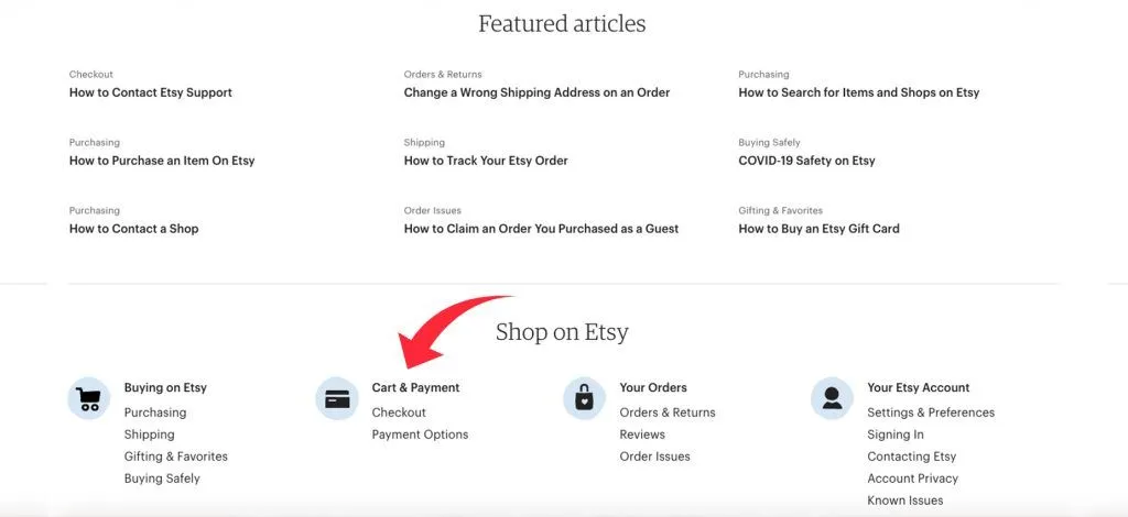 FAQ page categories on Etsy website