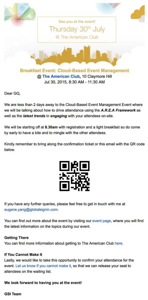 Event reminder email example # 4