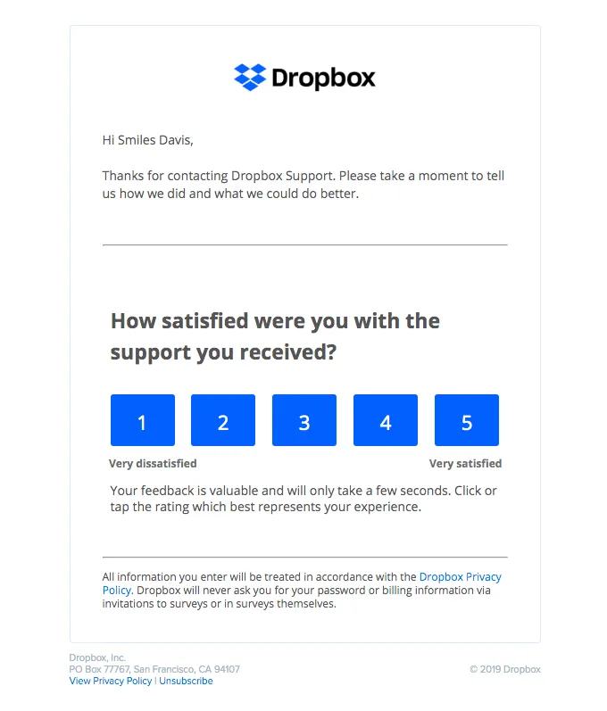 Customer feedback email template exampe: Dropbox