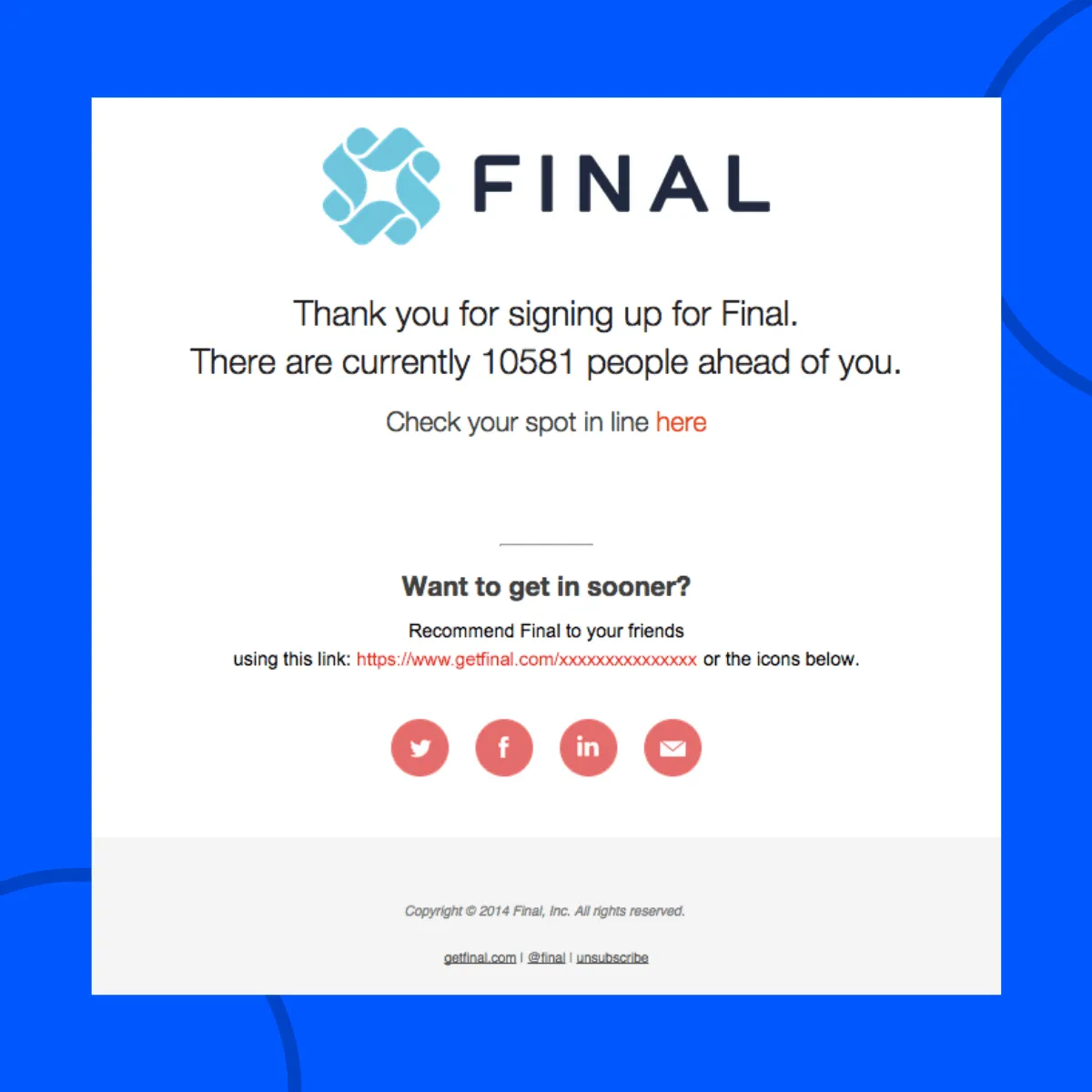 Thank you email for signing up by Final