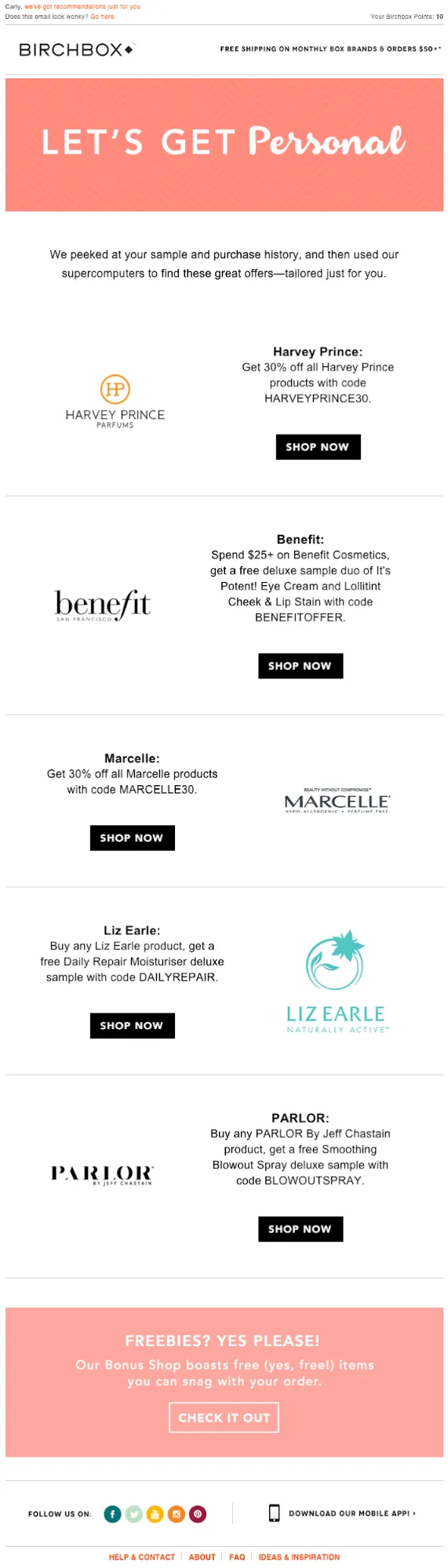birchbox email with multiple offers
