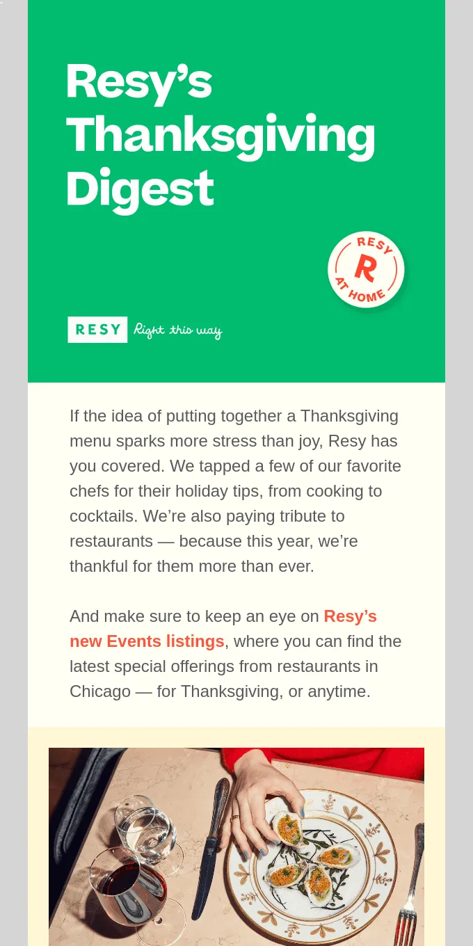 Thanksgiving email example: Resy