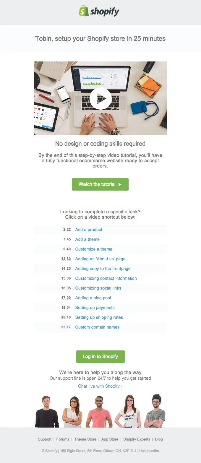 shopify email with list to setup store
