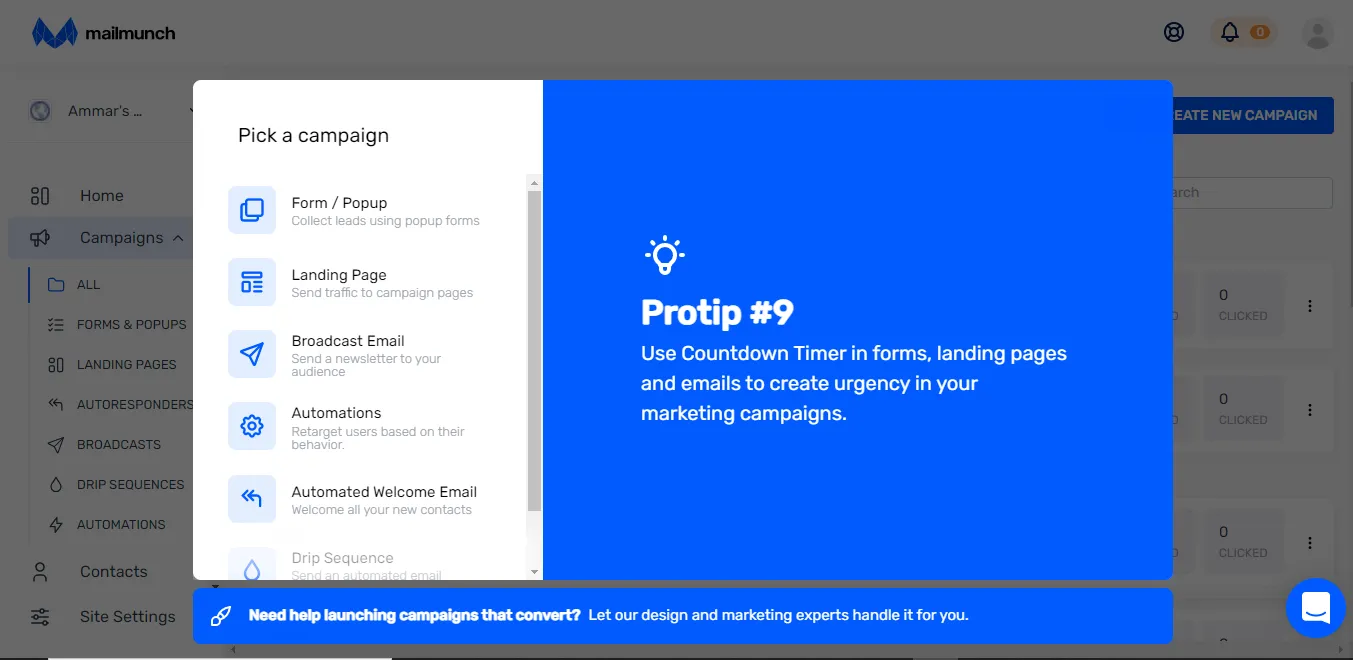 Choose a campaign type in Mailmunch