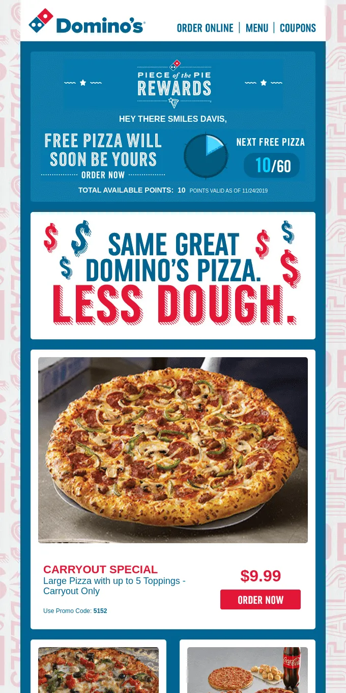 Personalized email example: Dominos